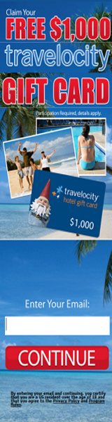 Would you like to stay for free on vacation? Get $1,000 from Travelocity and ComplimentaryGiftCards.com today! Participation required; details apply.  Open to US residents over the age of 18.
